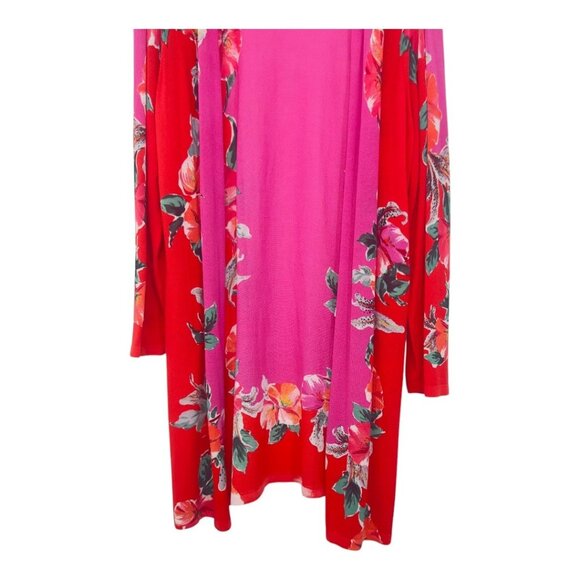 CHICOS Womens 2 Red & Pink Floral Long Sleeve Open Cardigan Kimono Long Duster - Picture 13 of 14